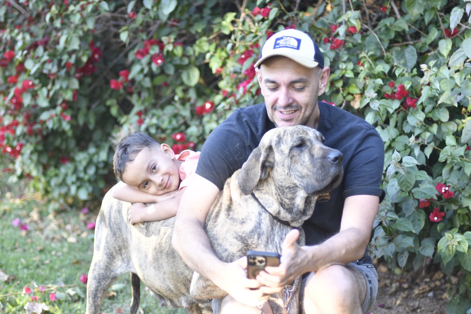 Fila tigrado junto à família no jardim