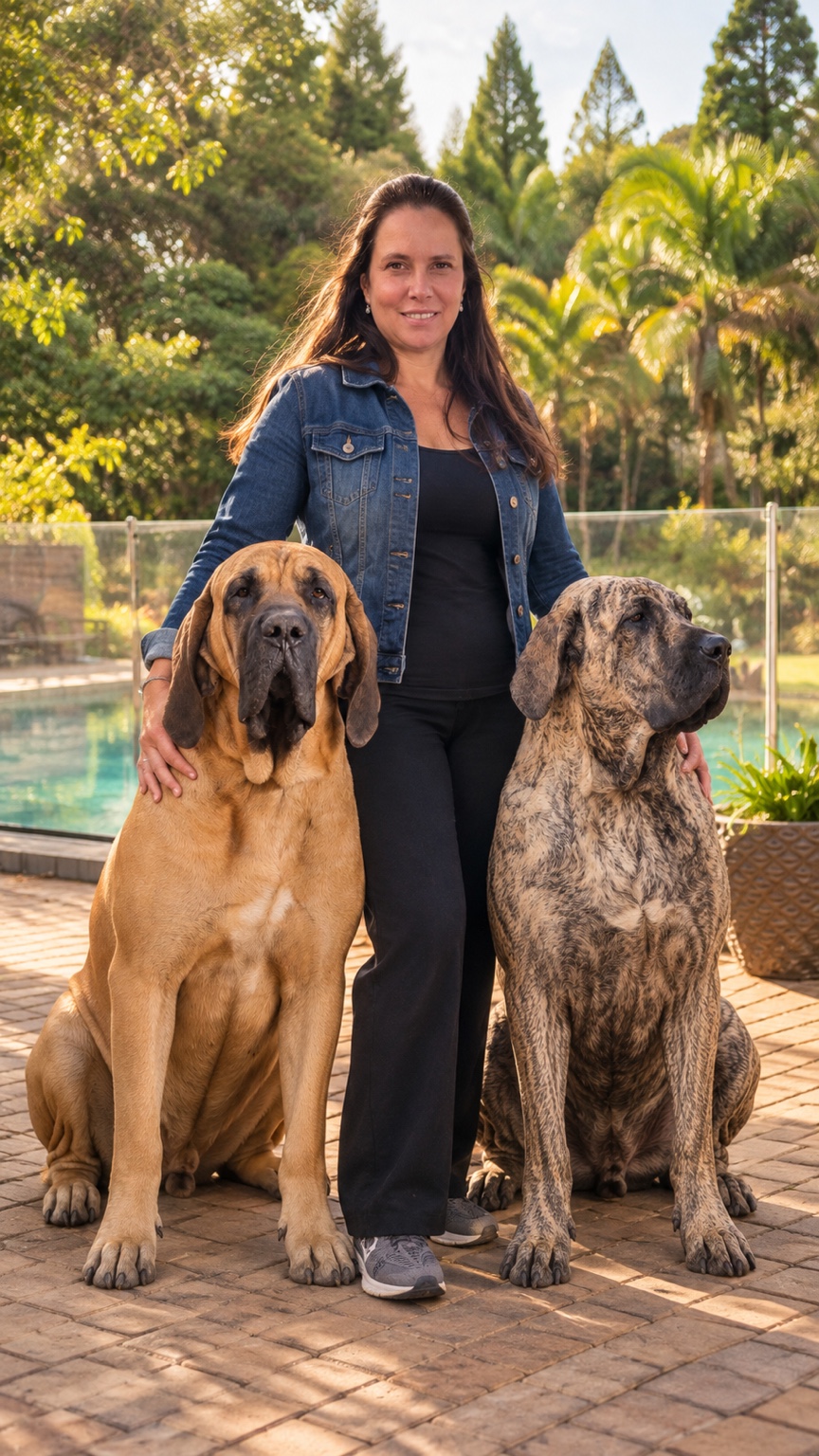 Vanessa com os pais da ninhada de Fila Brasileiro, um cão fulvo e um tigrado